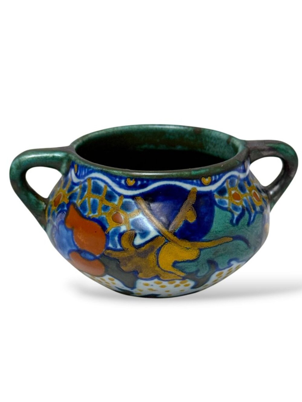 Holland Corona Small Bowl w/ Handles Cobalt Blue Art Nouveau Floral Vintage